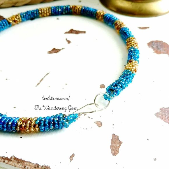 Beaded Rope Choker Necklace, Blue & Gold Seed Bead Jewelry, Boho Statement - Picture 5 of 6